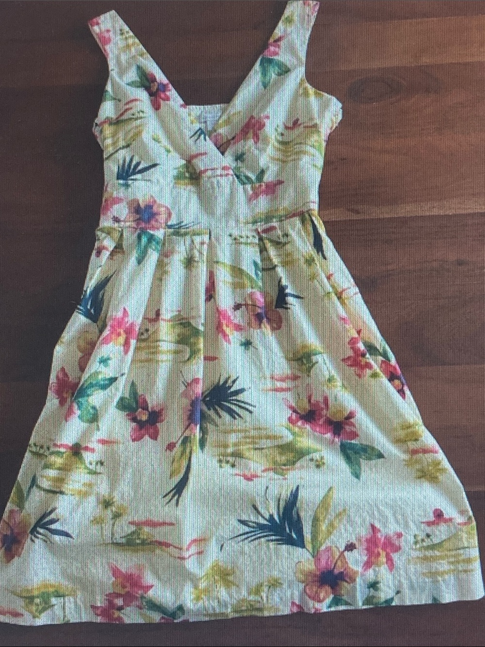 Garnet Hill Yellow Floral V-Neck Sundress with Pink and Navy Accents